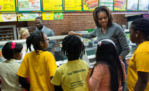 The First Lady, Michael Phelps, Nastia Lukin, and Justin Tuck announce Subway’s commitment to healthier choices. The First Lady, Michael Phelps, Nastia Lukin, and Justin Tuck announce Subway’s