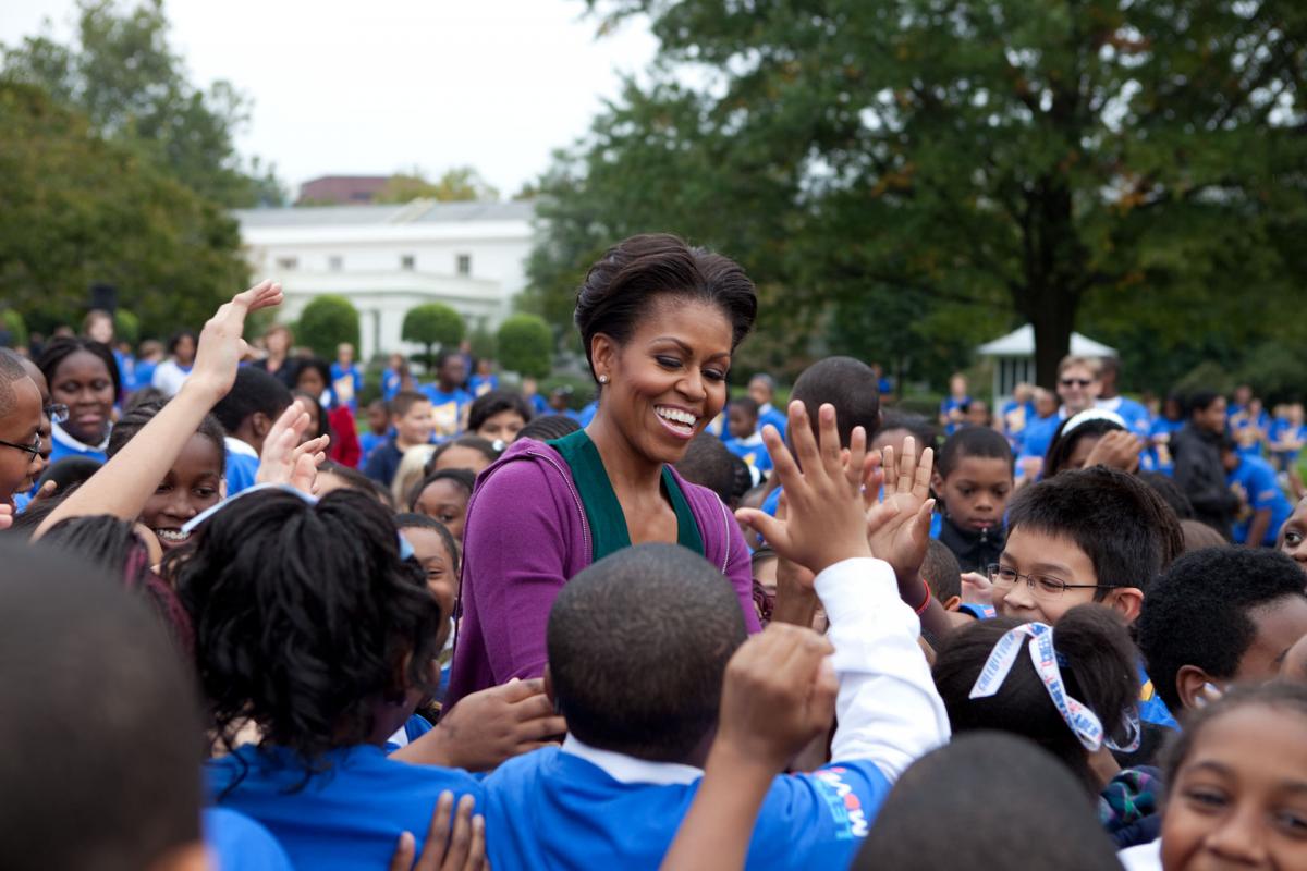 First Lady Michelle Obama greets children 