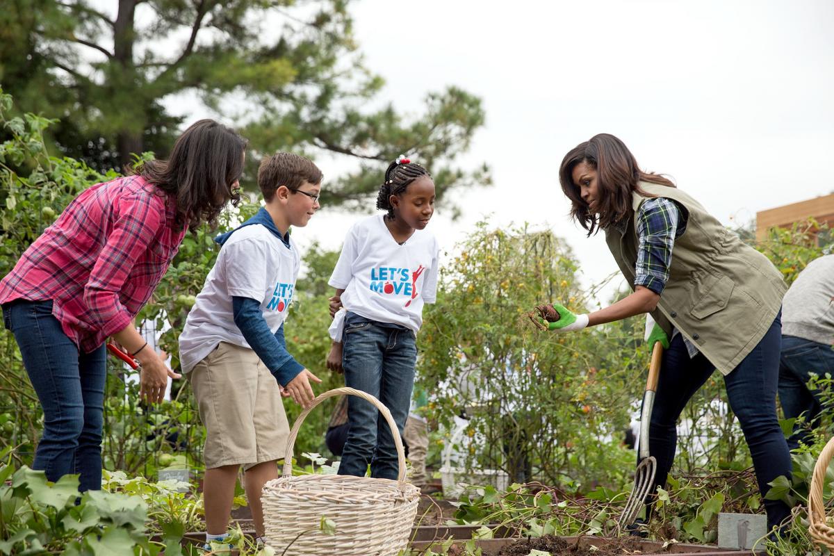 First Lady Michelle Obama and students.