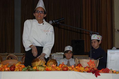 Chef Melinda Burrows demonstrating different varieties of squash and pumpkins at Fremont Elementary School in Alhambra, California.  