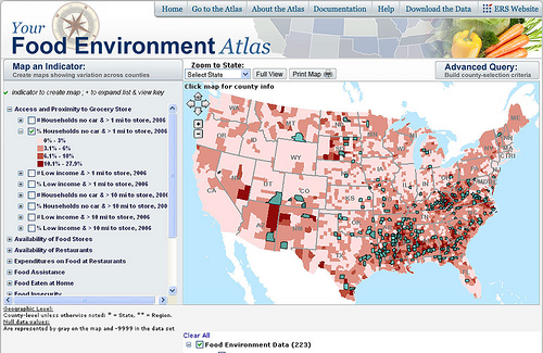 Map in Food Environmental Atlas web tool displaying results of user’s query on indicators of food access in counties across the United States