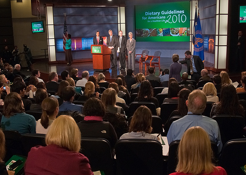 From left: Assistant Secretary for Health, Department of Health and Human Services Dr. Howard Koh, Agriculture Secretary Tom Vilsack, Director, Center for Nutrition Policy and Promotion Robert Post and Health and Human Services Secretary Kathleen Sebelius answer audience and reporters’ questions after the announcement of the 2010 Dietary Guidelines for Americans in the George Washington University Jack Morton Auditorium, Monday, January 31 in Washington, DC. The new Dietary Guidelines for Americans focus on balancing calories with physical activity and encourage Americans to consume more healthy foods like vegetables, fruits, whole grains, fat-free and low-fat dairy products, seafood and to consume less sodium, saturated and trans fats, added sugars and refined grains.