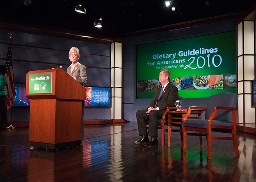 Health and Human Services Secretary Kathleen Sebelius (Agriculture Secretary Tom Vilsack seated right) mentioned during the announcement of the 2010 Dietary Guidelines for Americans in the George Washington University Jack Morton Auditorium, Monday, January 31 in Washington, DC that, “Helping Americans incorporate these guidelines into their everyday lives is important to improving the overall health of the American people.” 