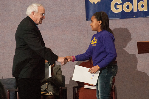 Agriculture Under Secretary for Food, Nutrition and Consumer Services Kevin W. Concannon was introduced by Storm Coley, Student Body President, Elsie Whitlow Stokes Community Freedom Public Charter School on Wednesday, February 2, 2011.  Under Secretary Concannon presented the first Gold Award of Distinction in Washington, D.C. to this school, a participant in the HealthierUS School Challenge (HUSSC).