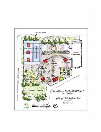 School Garden Design Concept created by Forest Service landscape architect Matt Arnn and revealed by the entire People’s Garden team for W. B. Powell Elementary School, consisting of the Washington Capitols, U.S. Department of Agriculture and D.C. Public Schools in Washington, D.C. revealed to 289 parents and students, the School Garden Design Concept on  Thursday, March 10, 2011.  The design draft was created  Mr. Arnn, with the support of Natural Resources Conservation Service landscape architect Bob Sneickus, Outreach and Education Coordinator Annie Ceccarini and Project Manager Leslie Burks who worked with the Principal Janeece Docal and the school during an earlier visit to develop illustrated ideas from parents and students.  Representing the Washington Capitols is Defenseman, Number: 52 Mike Powell, Comcast SportsNet Analyst Alan May and Director of Community Relations Elizabeth Wodatch.