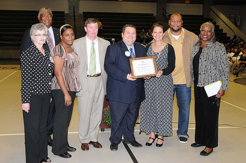 Byram Middle School was presented the USDA HealthierUS School Challenge Gold Award by Audrey Rowe (far right) and Jenod Deuce McAllister (second from right) (photo by Debbie Smoot).