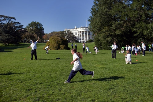 Local kids run soccer drills with coaches and players from Major League Soccer as part of a monthly "Let's Move!" series of activities on  the South Lawn of the White House, Oct. 7, 2010. 